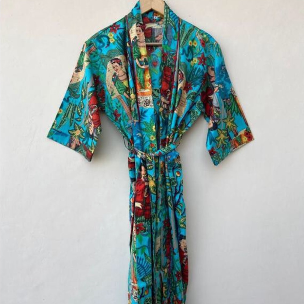 Frida Kahlo Blue Tie Front Robe